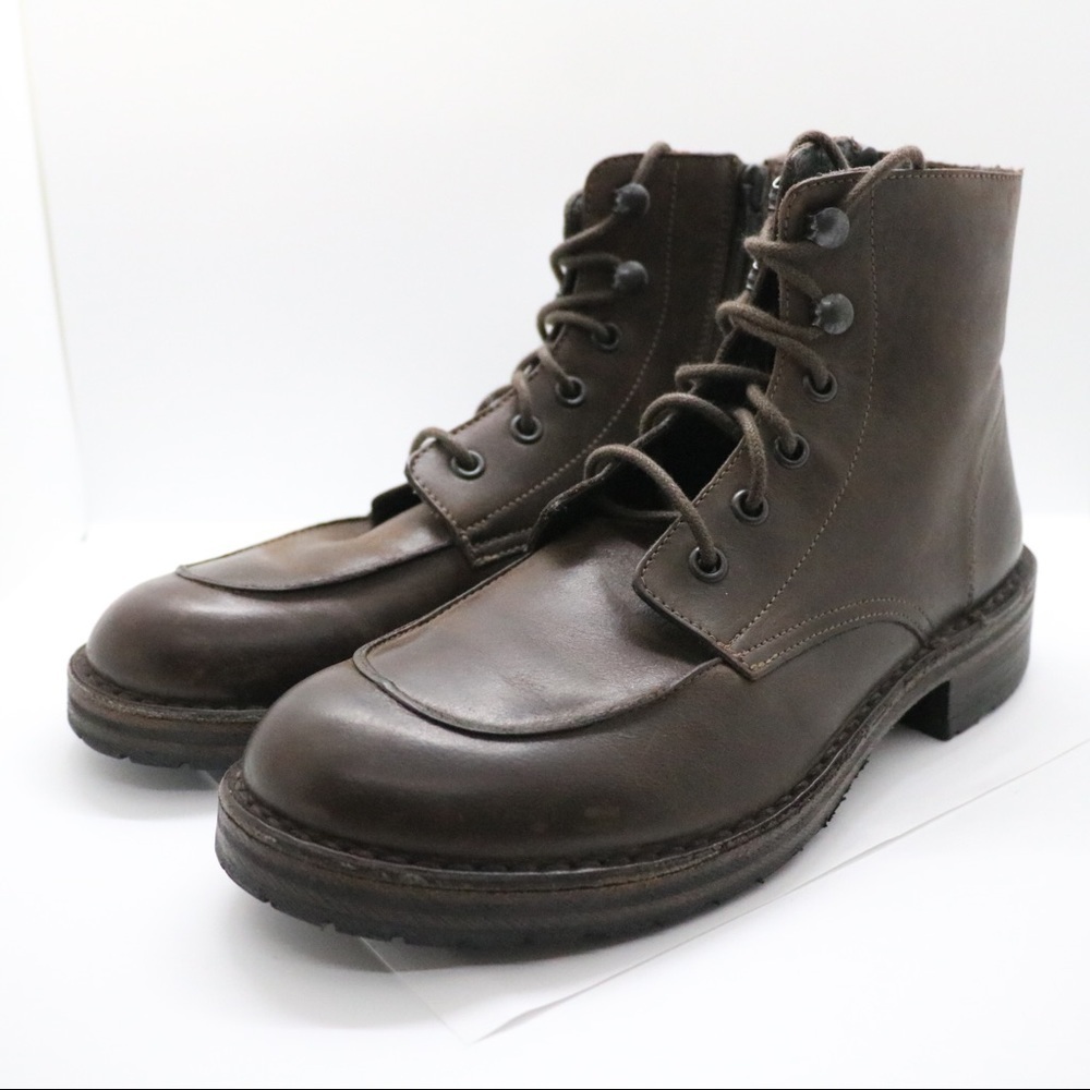 Boemos Brown Italy Leather Moto Boots Lace Up Side Zipper US 6.5 EU 37